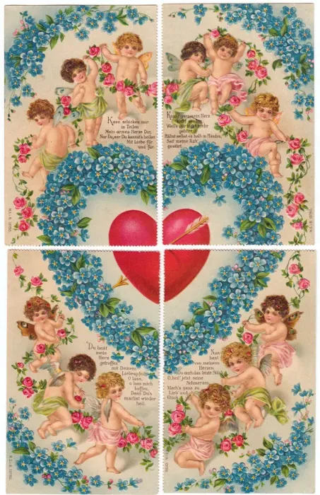 Framed Print : Cupids with hearts and flowers on a German Valentine card Framed Print : Cupids with hearts and flowers on a German Valentine card