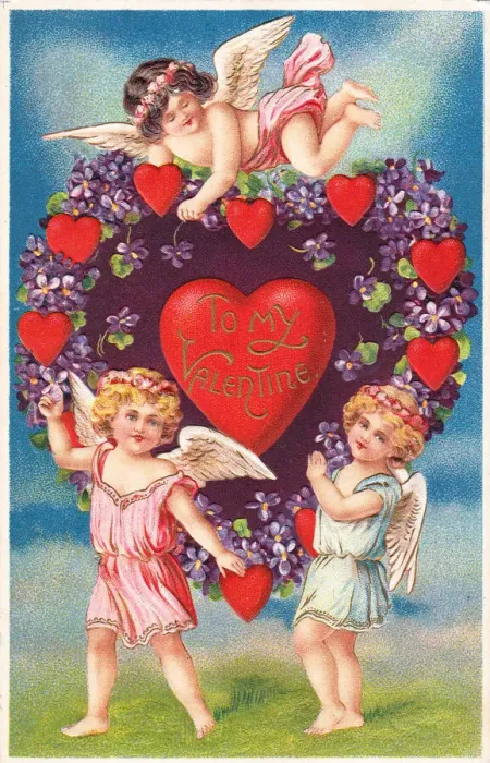 Framed Print : Cupids with hearts and flowers on a Valentine postcard Framed Print : Cupids with hearts and flowers on a Valentine postcard