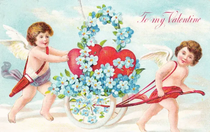 Framed Print : Cupids with hearts and flowers on a Valentine postcard Framed Print : Cupids with hearts and flowers on a Valentine postcard