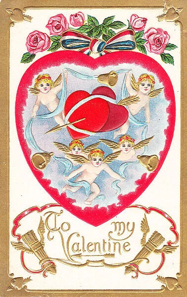 Cupids with hearts and flowers on a Valentine postcard
