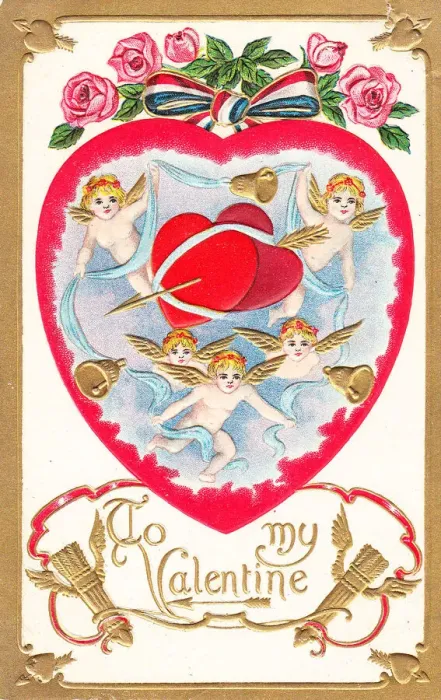 Framed Print : Cupids with hearts and flowers on a Valentine postcard Framed Print : Cupids with hearts and flowers on a Valentine postcard