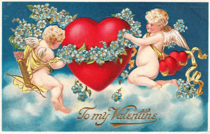Framed Print : Cupids with hearts and flowers on a Valentine postcard Framed Print : Cupids with hearts and flowers on a Valentine postcard