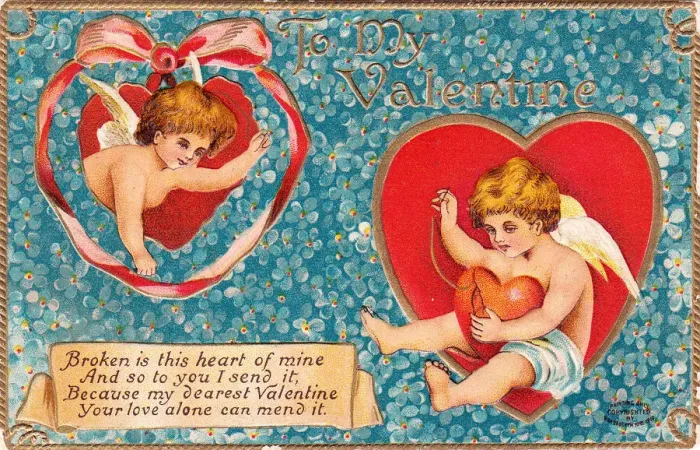 Framed Print : Cupids with hearts and flowers on a Valentine postcard Framed Print : Cupids with hearts and flowers on a Valentine postcard