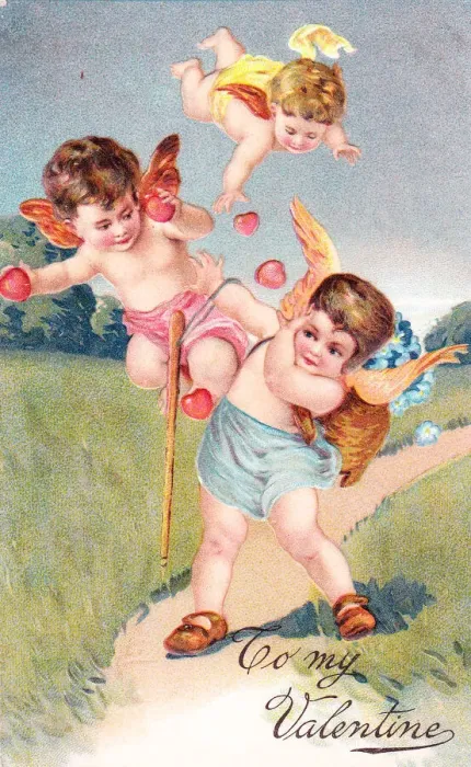 Framed Print : Cupids with hearts and flowers on a Valentine postcard Framed Print : Cupids with hearts and flowers on a Valentine postcard