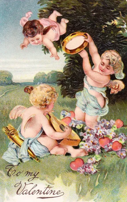 Framed Print : Cupids with hearts and flowers on a Valentine postcard Framed Print : Cupids with hearts and flowers on a Valentine postcard