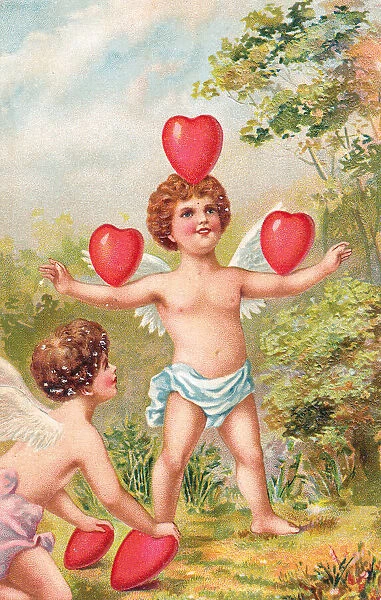 Cupids playing with red hearts on a Valentine postcard