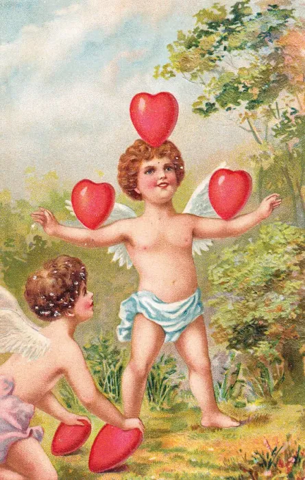Framed Print : Cupids playing with red hearts on a Valentine postcard Framed Print : Cupids playing with red hearts on a Valentine postcard