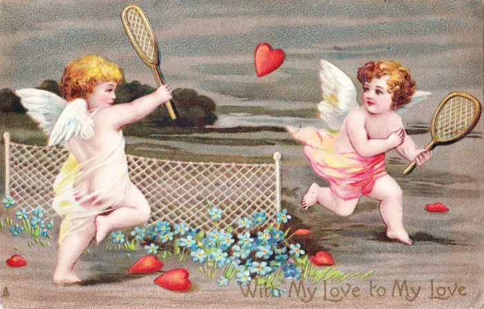 Framed Print : Cupids playing tennis on a Valentine postcard Framed Print : Cupids playing tennis on a Valentine postcard