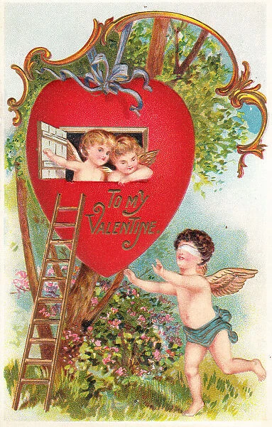 Cupids with red heart and ladder on a Valentine postcard