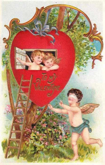 Framed Print : Cupids with red heart and ladder on a Valentine postcard Framed Print : Cupids with red heart and ladder on a Valentine postcard