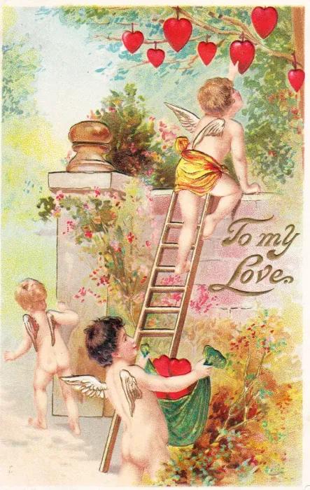 Framed Print : Cupids with red heart and ladder on a Valentine postcard Framed Print : Cupids with red heart and ladder on a Valentine postcard
