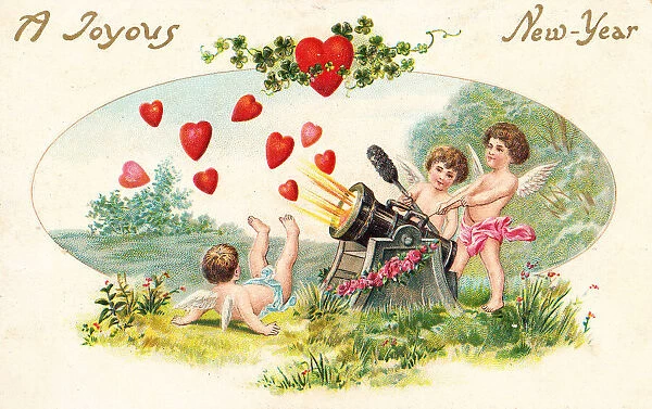 Cupids with red hearts and cannon on a New Year postcard