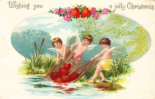 Cupids with red hearts on a Christmas postcard
