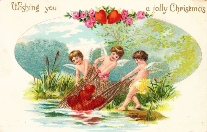 Framed Print : Cupids with red hearts on a Christmas postcard Framed Print : Cupids with red hearts on a Christmas postcard