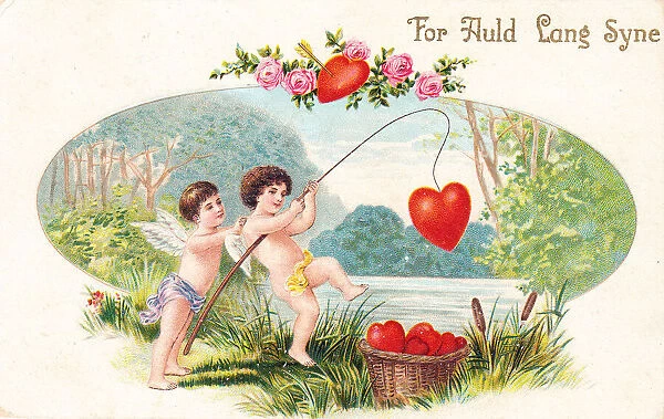 Cupids with red hearts on a New Year postcard