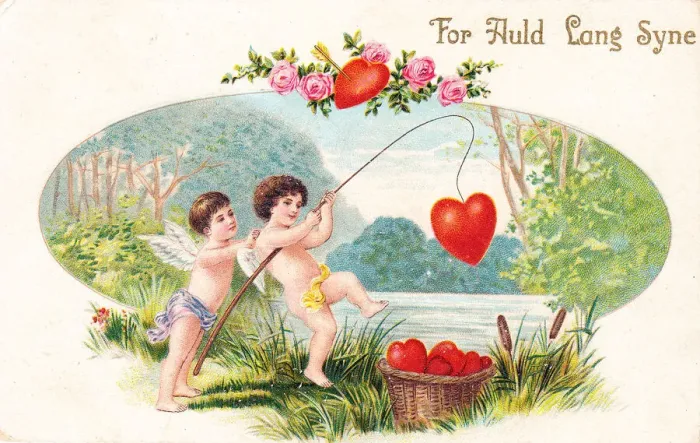 Framed Print : Cupids with red hearts on a New Year postcard Framed Print : Cupids with red hearts on a New Year postcard