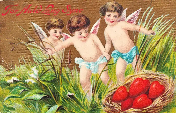 Framed Print : Cupids with red hearts on a New Year postcard Framed Print : Cupids with red hearts on a New Year postcard
