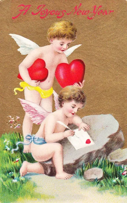 Framed Print : Cupids with red hearts on a New Year postcard Framed Print : Cupids with red hearts on a New Year postcard