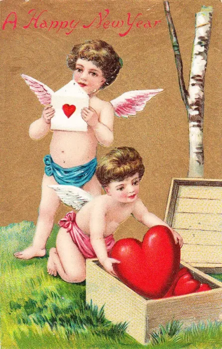 Framed Print : Cupids with red hearts on a New Year postcard Framed Print : Cupids with red hearts on a New Year postcard