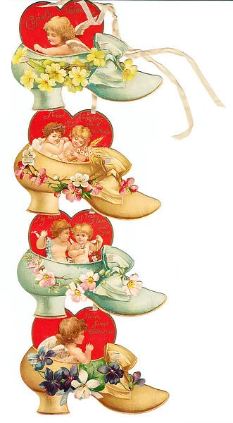 Cupids, red hearts, shoes and flowers on a Valentine card