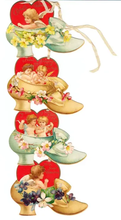 Framed Print : Cupids, red hearts, shoes and flowers on a Valentine card Framed Print : Cupids, red hearts, shoes and flowers on a Valentine card