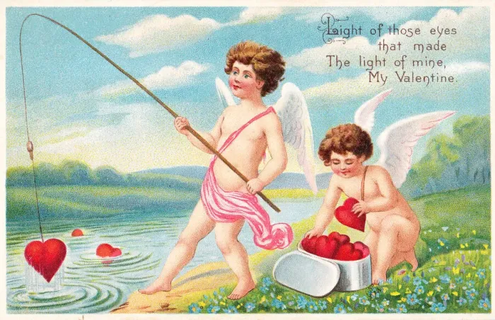 Framed Print : Cupids with red hearts on a Valentine postcard Framed Print : Cupids with red hearts on a Valentine postcard