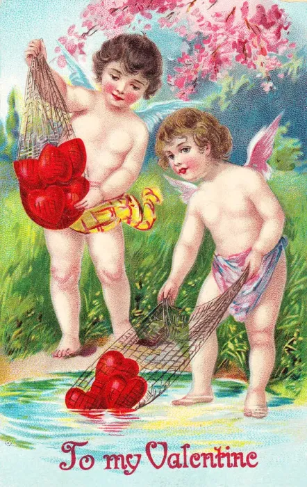 Framed Print : Cupids with red hearts on a Valentine postcard Framed Print : Cupids with red hearts on a Valentine postcard