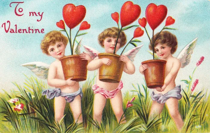 Framed Print : Cupids with red hearts on a Valentine postcard Framed Print : Cupids with red hearts on a Valentine postcard