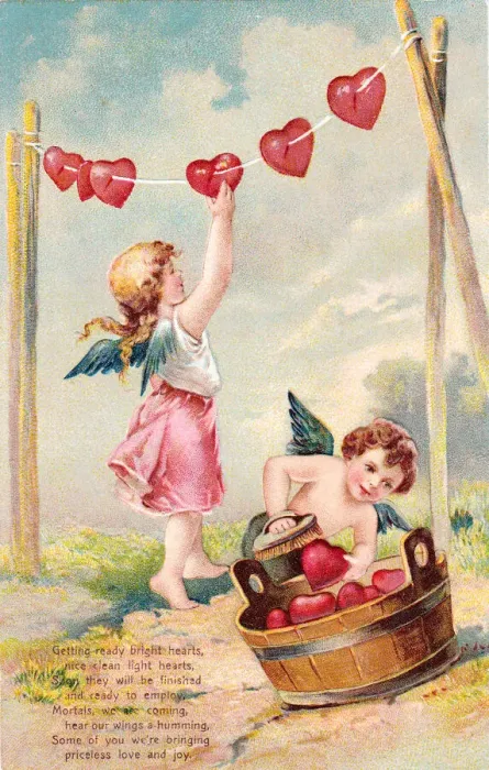 Framed Print : Cupids with red hearts on a Valentine postcard Framed Print : Cupids with red hearts on a Valentine postcard