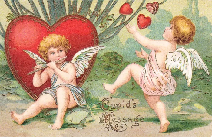 Framed Print : Cupids with red hearts on a Valentine postcard Framed Print : Cupids with red hearts on a Valentine postcard