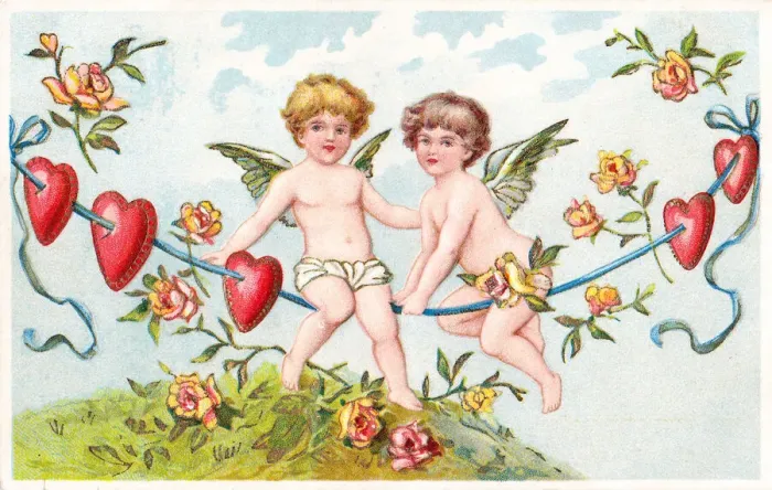 Framed Print : Cupids and red hearts on a Valentine postcard Framed Print : Cupids and red hearts on a Valentine postcard