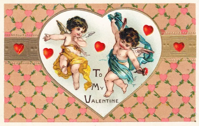 Framed Print : Cupids with red hearts on a Valentine postcard Framed Print : Cupids with red hearts on a Valentine postcard