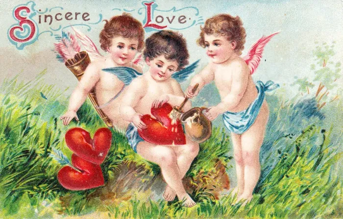 Framed Print : Cupids repairing broken hearts on a Valentine postcard Framed Print : Cupids repairing broken hearts on a Valentine postcard
