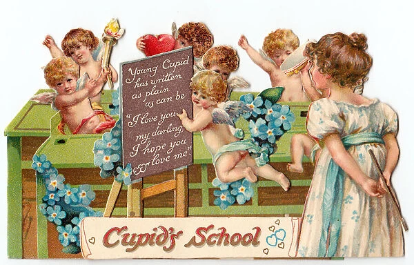 Cupids at school with hearts and flowers on a Valentine card
