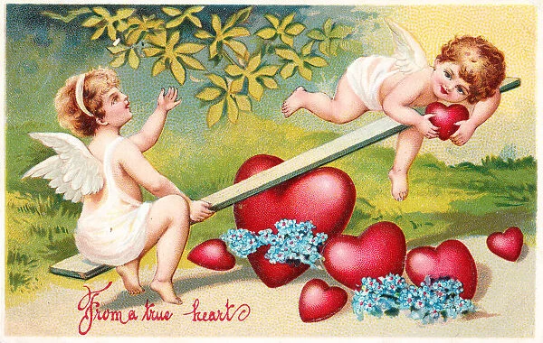Cupids on a seesaw on a Valentine postcard