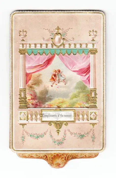 Framed Print : Cupids in stage setting on a Christmas card Framed Print : Cupids in stage setting on a Christmas card