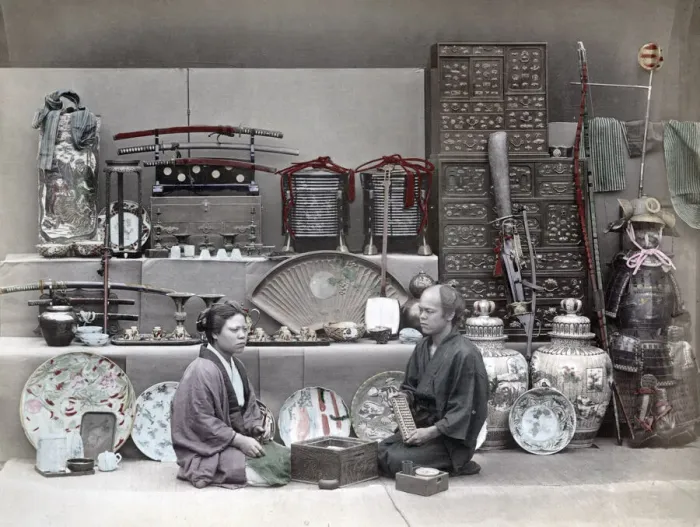 Framed Print : Curio shop, armour, porcelain, Japan, c. 1880 s Framed Print : Curio shop, armour, porcelain, Japan, c. 1880 s