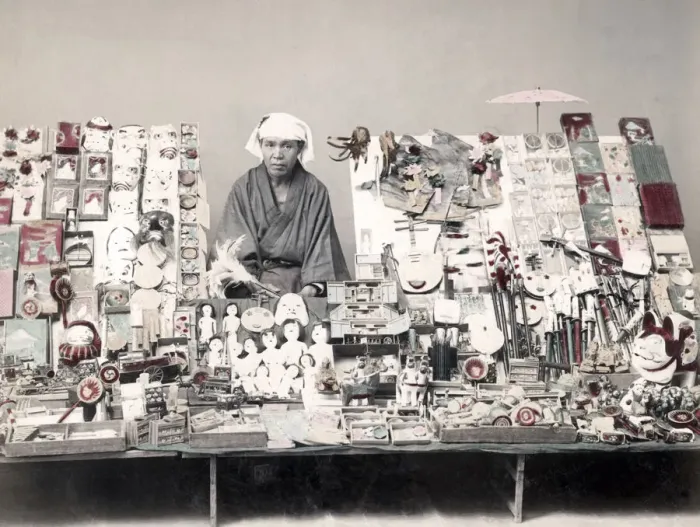 Framed Print : Curio and souvenir seller, Japan, c. 1890 s Framed Print : Curio and souvenir seller, Japan, c. 1890 s