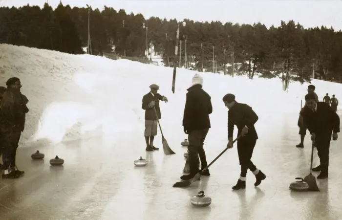 Framed Print : Curling on a frozen pond / lake in France - 1920s Framed Print : Curling on a frozen pond / lake in France - 1920s