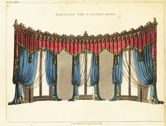 Framed Print : Curtains for a Gothic room, Regency Era Framed Print : Curtains for a Gothic room, Regency Era