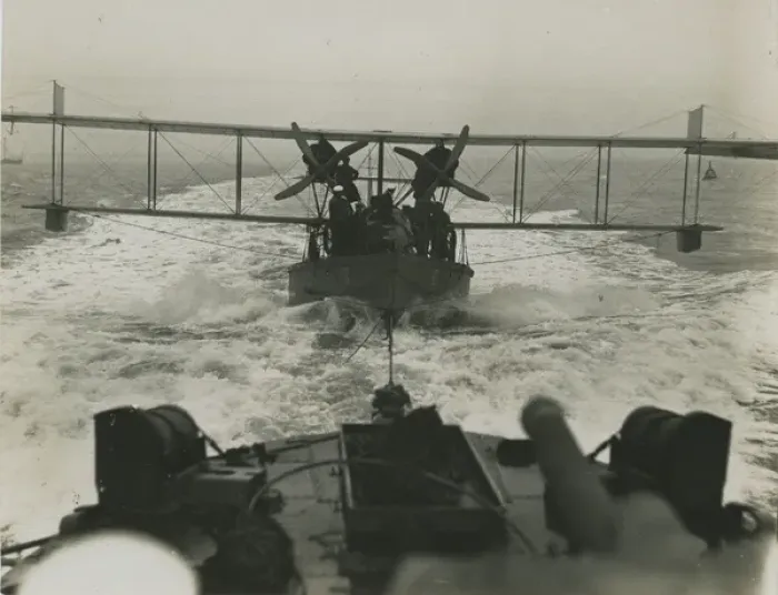 Framed Print : Curtiss H12 Large America on a lighter under tow at sea Framed Print : Curtiss H12 Large America on a lighter under tow at sea