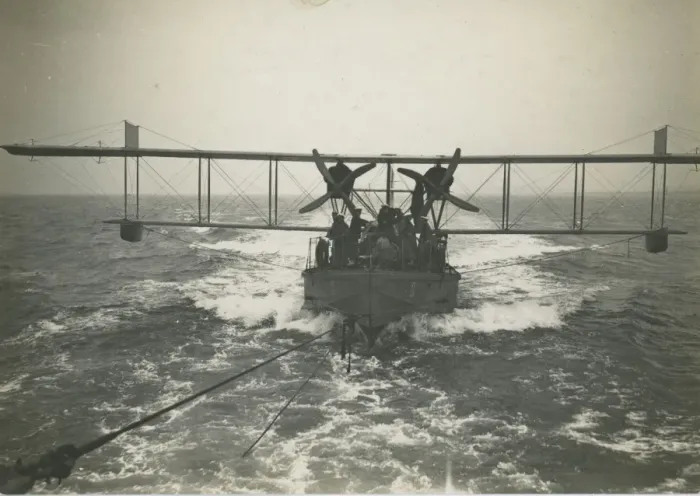 Framed Print : Curtiss H12 Large America on a lighter under tow at sea Framed Print : Curtiss H12 Large America on a lighter under tow at sea