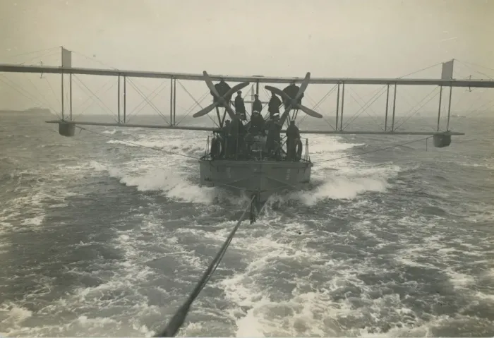 Framed Print : Curtiss H12 Large America on a lighter under tow at sea Framed Print : Curtiss H12 Large America on a lighter under tow at sea