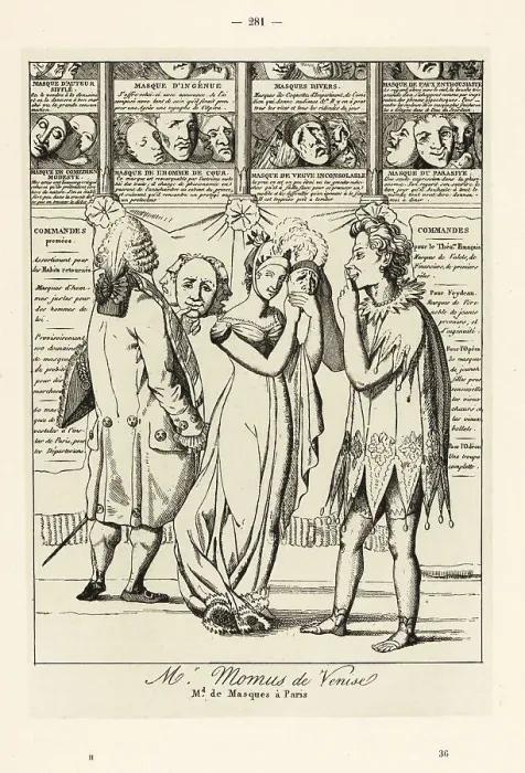 Framed Print : Customers trying on masks for a masquerade, 18th century Framed Print : Customers trying on masks for a masquerade, 18th century