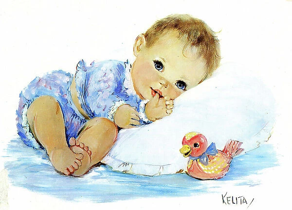 Cute baby sucking its thumb, with toy duck