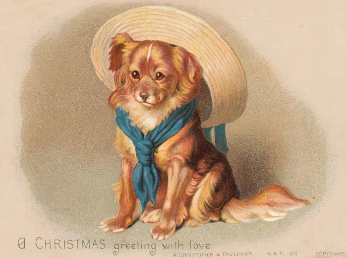 Framed Print : Cute little dog in hat and scarf on a Christmas card Framed Print : Cute little dog in hat and scarf on a Christmas card