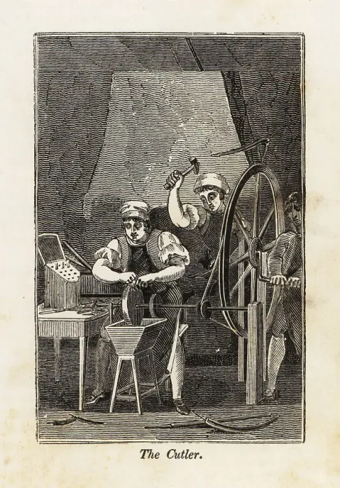 Framed Print : Cutlers making utensils in a workshop Framed Print : Cutlers making utensils in a workshop