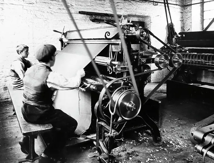 Framed Print : Cutting cloth in a woollen mill in Bradford Framed Print : Cutting cloth in a woollen mill in Bradford