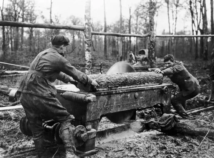 Framed Print : Cutting log at new sawmill, Western Front, WW1 Framed Print : Cutting log at new sawmill, Western Front, WW1