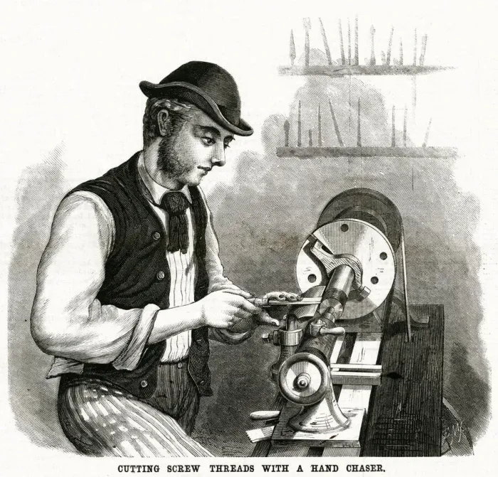 Framed Print : Cutting screw threads with hand chaser 1875 Framed Print : Cutting screw threads with hand chaser 1875